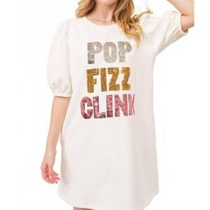 NEW MAIN STRIP pop fizz clink sequin fleece dress in white
